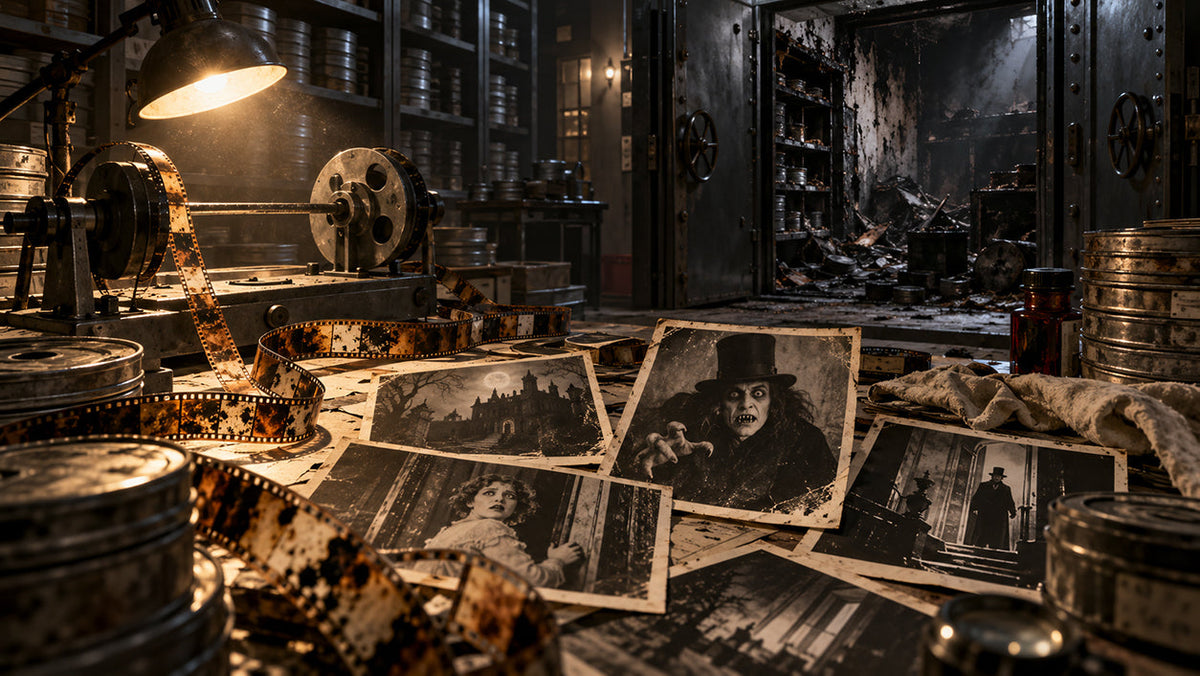 Lonely 1920s film archive vault with nitrate reels, surviving production photographs and the sinister silhouette of Lon Chaney’s London After Midnight character