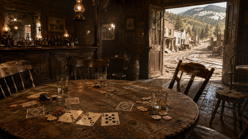 Empty poker table in a rough 1876 Deadwood saloon with black aces and eights beside an abandoned chair