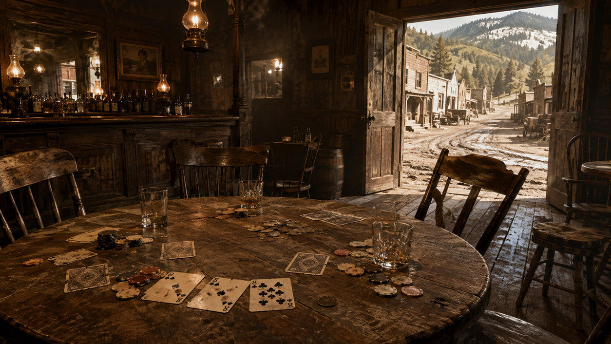 Empty poker table in a rough 1876 Deadwood saloon with black aces and eights beside an abandoned chair