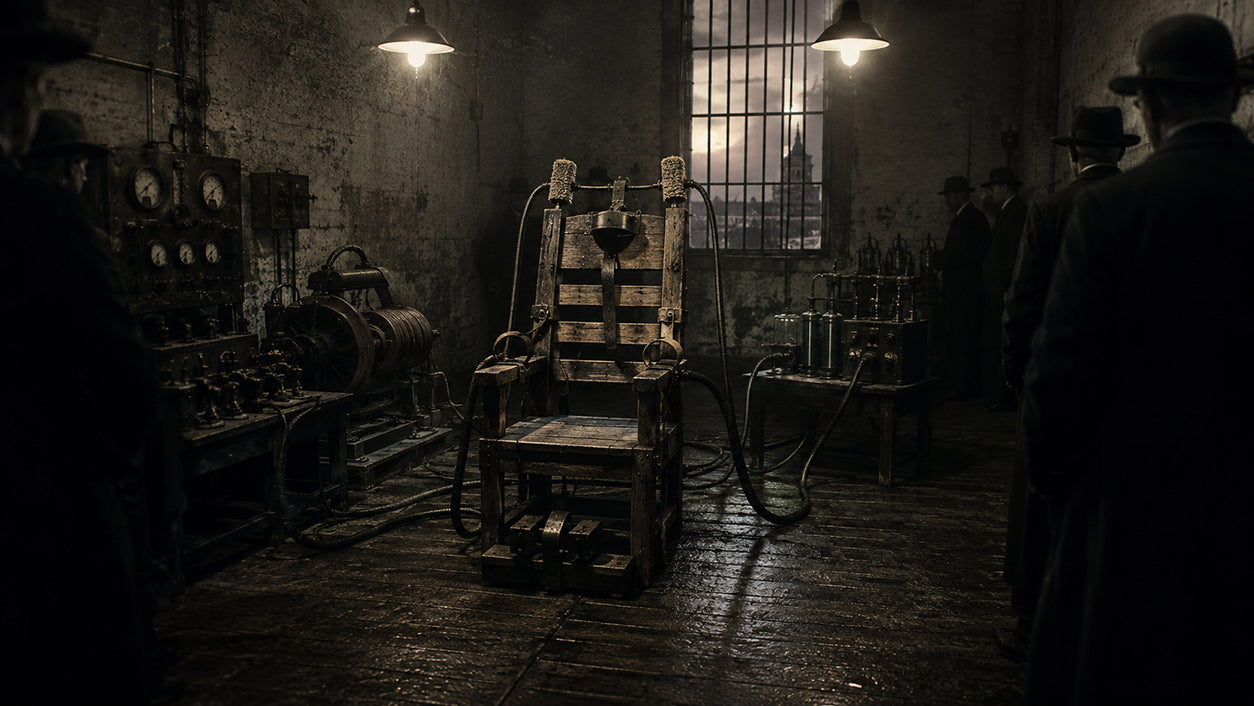 Late-Victorian American prison death chamber containing an early wooden electric chair and primitive electrical apparatus