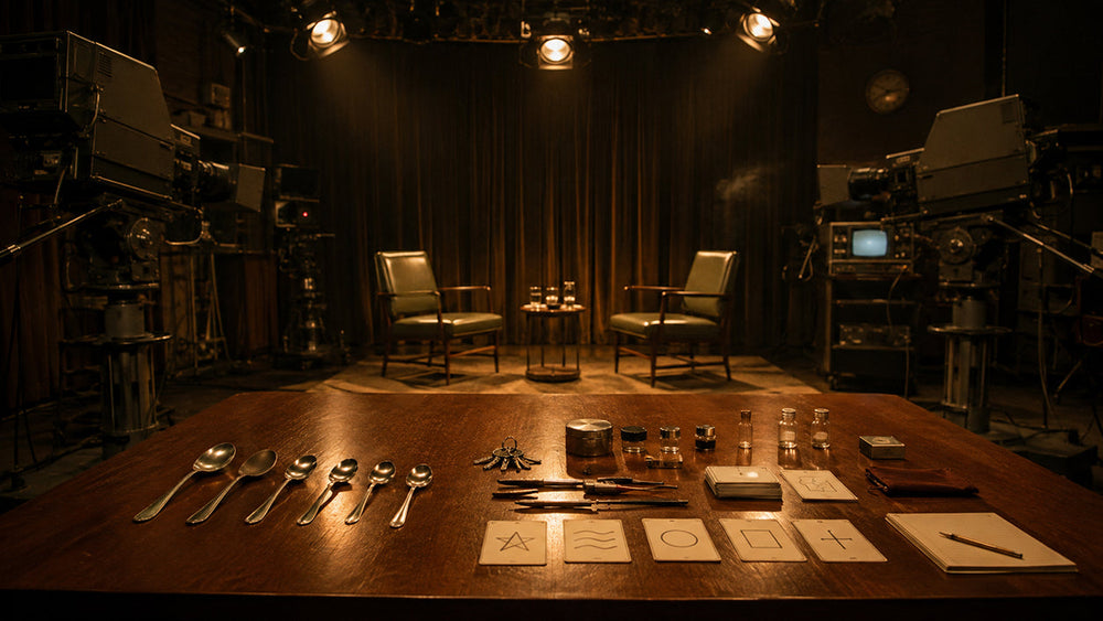 1970s television studio table prepared with spoons, keys and sealed containers for a paranormal demonstration