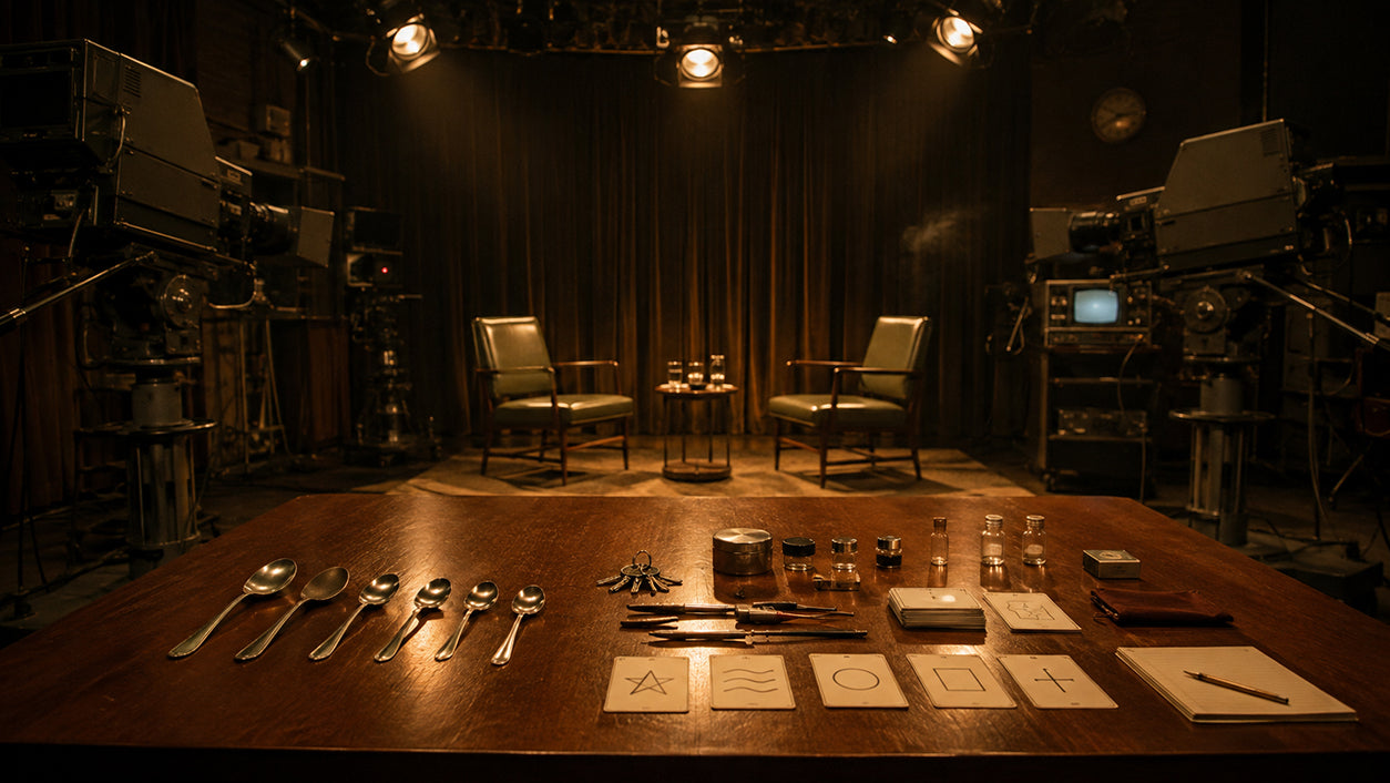 1970s television studio table prepared with spoons, keys and sealed containers for a paranormal demonstration