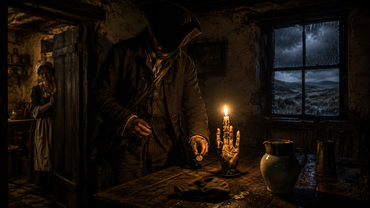 Eighteenth-century burglar entering a dark country inn by candlelight with an uncanny preserved hand used as a magical charm