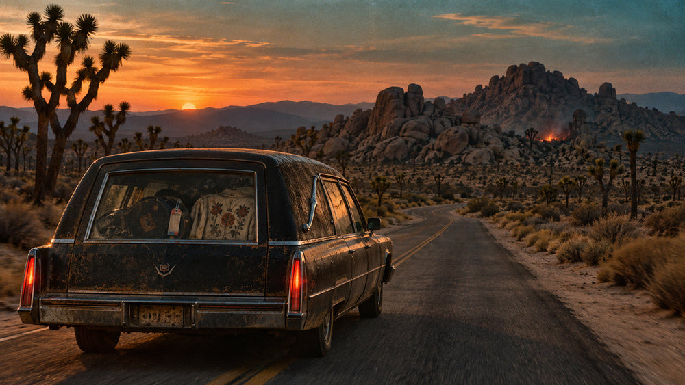 Vintage hearse crossing the Mojave Desert towards Joshua Tree at dusk, evoking the extraordinary final journey of country-rock pioneer Gram Parsons