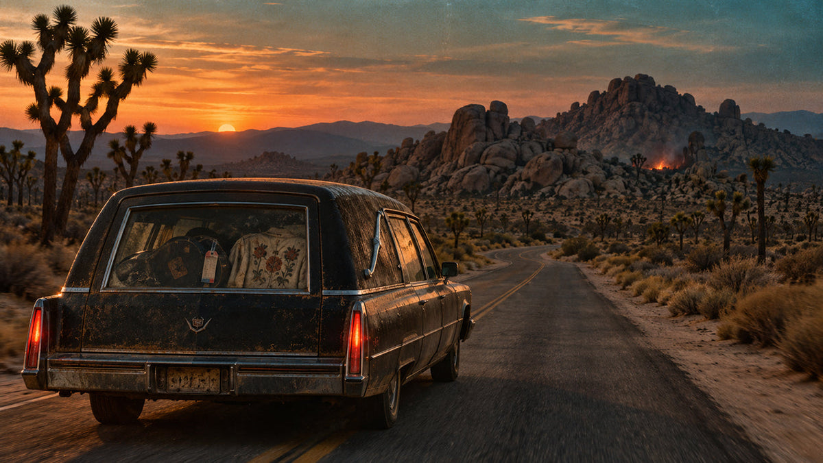 Vintage hearse crossing the Mojave Desert towards Joshua Tree at dusk, evoking the extraordinary final journey of country-rock pioneer Gram Parsons