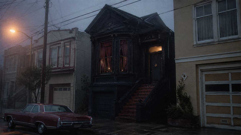 Black-painted Victorian house on a foggy San Francisco street evoking Anton LaVey’s infamous Black House at 6114 California Street
