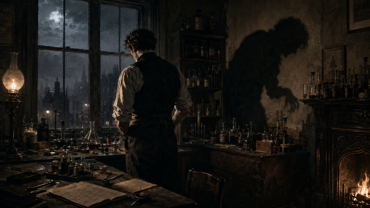 Victorian London doctor confronting his distorted shadow in a gaslit laboratory