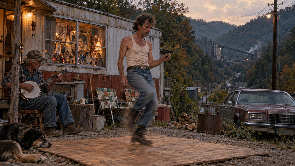 Appalachian mountain dancer performing rapid flatfoot steps on a wooden porch in rural Boone County, West Virginia
