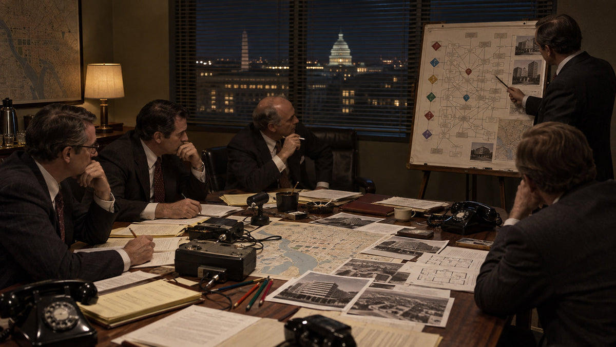 1972 Washington political intelligence meeting with surveillance photographs, bugging equipment and a map of the Watergate complex spread across a desk