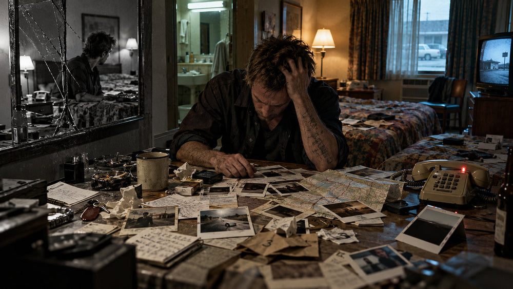 Disordered Polaroid photographs, handwritten notes and motel-room clues arranged around an anonymous amnesiac investigating a murder in a neo-noir setting
