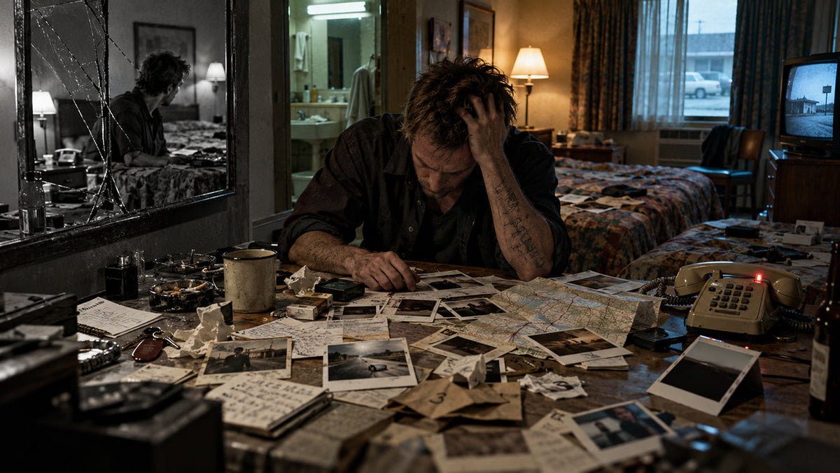 Disordered Polaroid photographs, handwritten notes and motel-room clues arranged around an anonymous amnesiac investigating a murder in a neo-noir setting