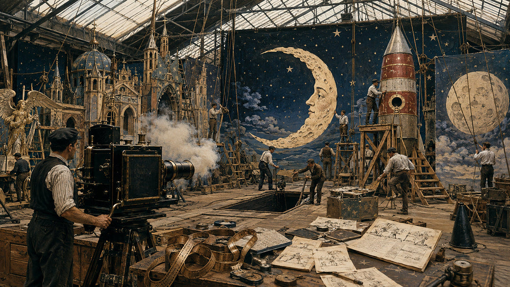Georges Méliès-style 1902 film studio preparing a theatrical Moon set and rocket for an early cinema production