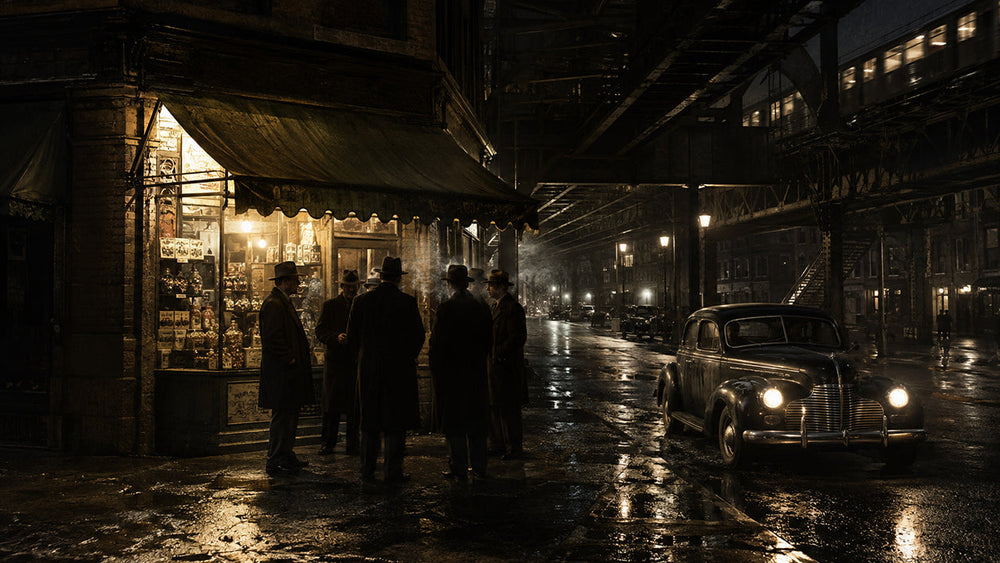 Shadowy 1930s Brooklyn street at night with suited gangsters outside a corner candy store
