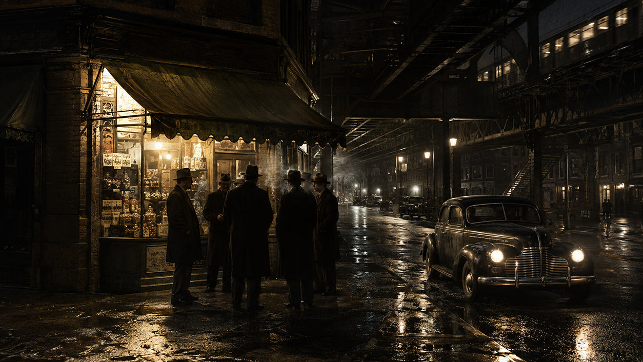 Shadowy 1930s Brooklyn street at night with suited gangsters outside a corner candy store