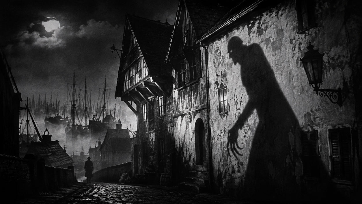 Expressionist vampire shadow looming over a foggy 1920s German port town at night