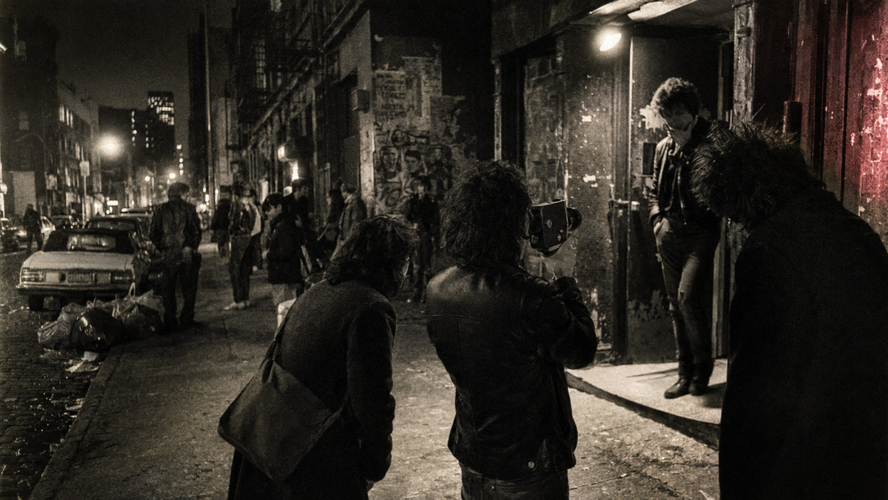 Young underground filmmakers shooting a Super 8 movie on a grimy late-1970s East Village street in New York