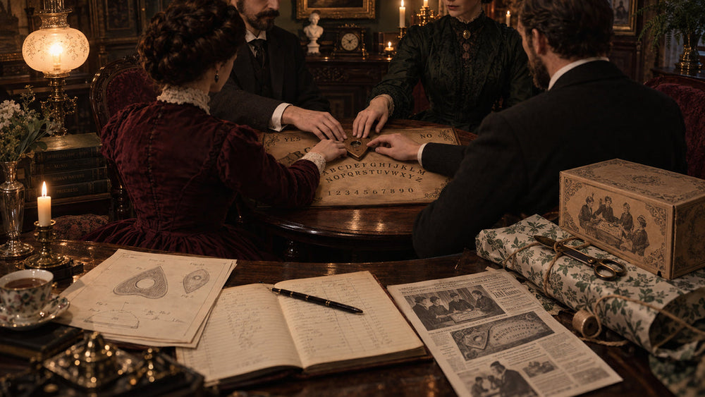 Victorian-era American parlour séance with an early wooden Ouija board, planchette and curious participants gathered around a table