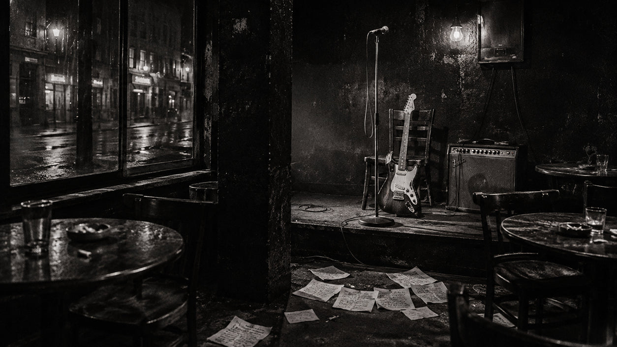 Empty 1970s New York poetry and rock venue with microphone, battered amplifier and handwritten pages onstage