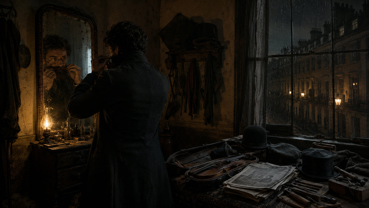 Victorian master burglar changing his disguise in a dimly lit 1870s Sheffield lodging room