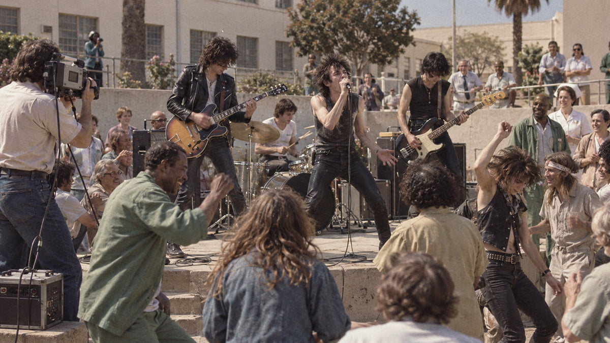 1978 California punk band performing an outdoor concert for residents in the courtyard of a state psychiatric hospital
