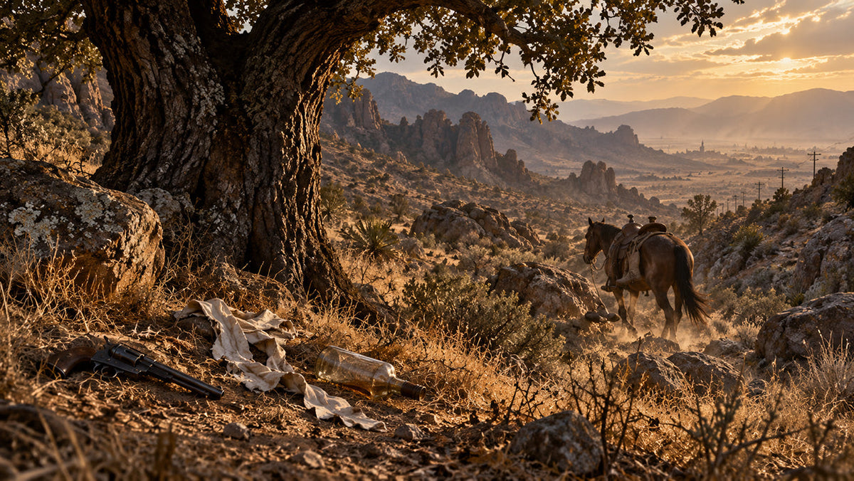 Lonely Arizona canyon in 1882 with an abandoned horse saddle, revolver and personal belongings suggesting the mysterious death of Old West outlaw Johnny Ringo