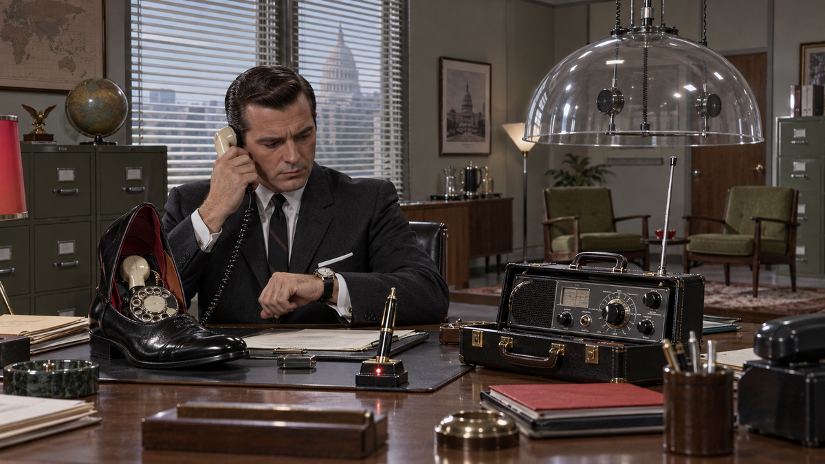 1960s secret-agent office filled with absurd concealed spy gadgets including a telephone hidden inside a polished leather shoe