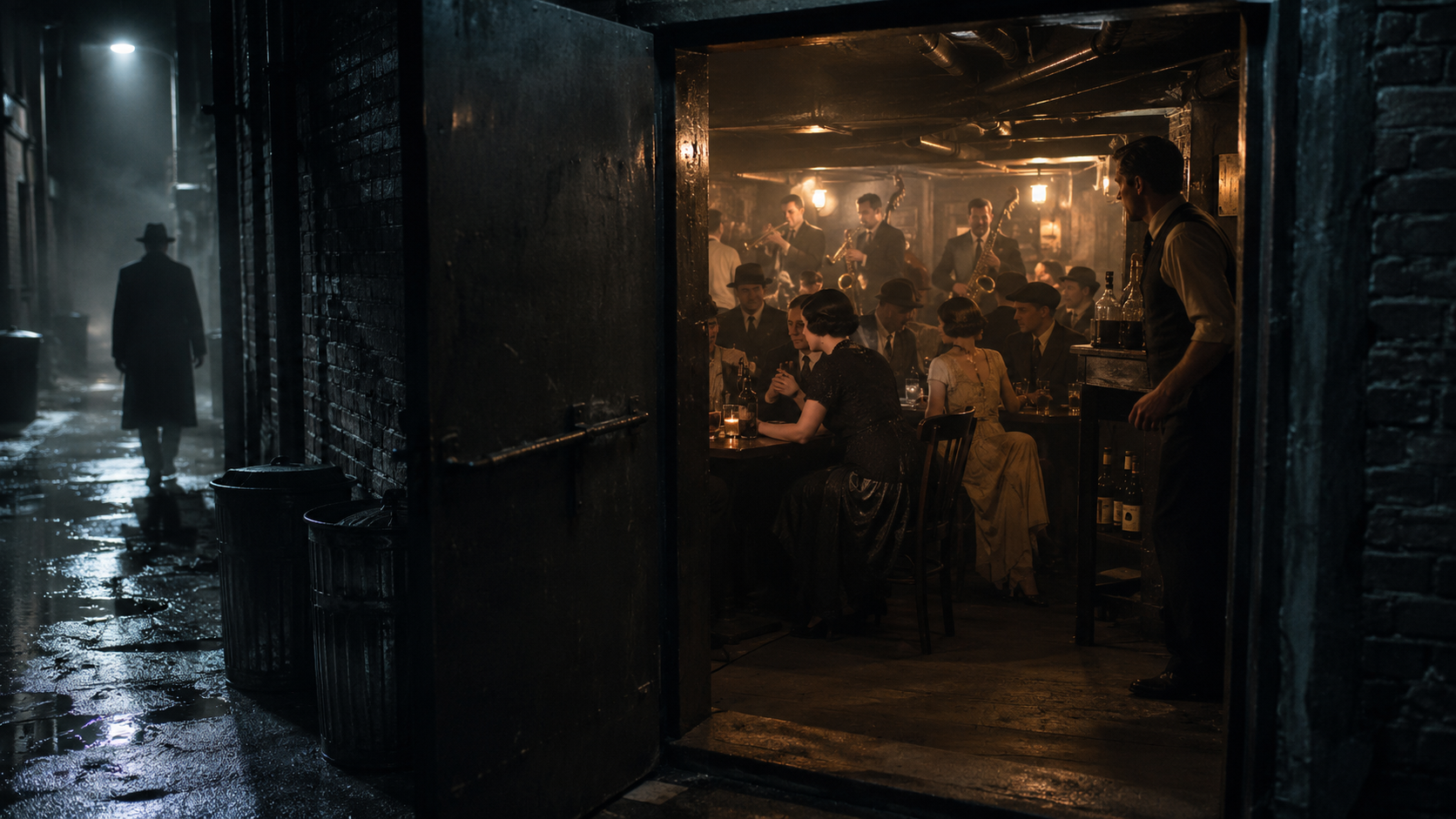 Secret 1920s American speakeasy hidden behind an unmarked doorway during Prohibition