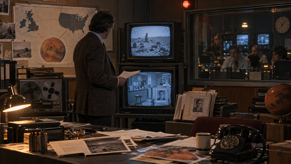 1970s British television studio investigating a supposed secret Mars colony as monitors show grainy Viking-era images of the Martian surface