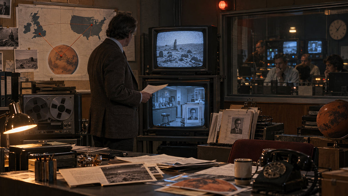 1970s British television studio investigating a supposed secret Mars colony as monitors show grainy Viking-era images of the Martian surface