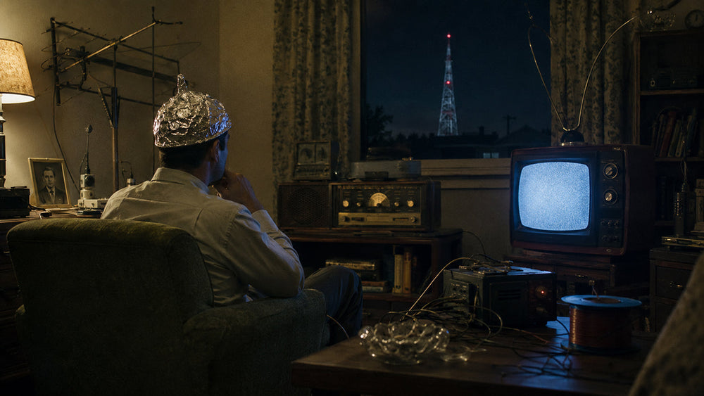 Mid-century man wearing a homemade foil helmet while surrounded by radios and mysterious transmission equipment