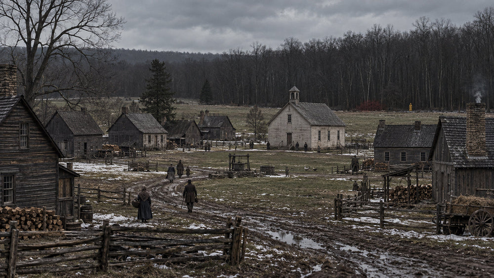 Isolated nineteenth-century Pennsylvania-style village surrounded by bare woodland beneath a cold overcast winter sky