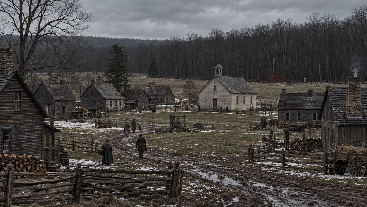 Isolated nineteenth-century Pennsylvania-style village surrounded by bare woodland beneath a cold overcast winter sky