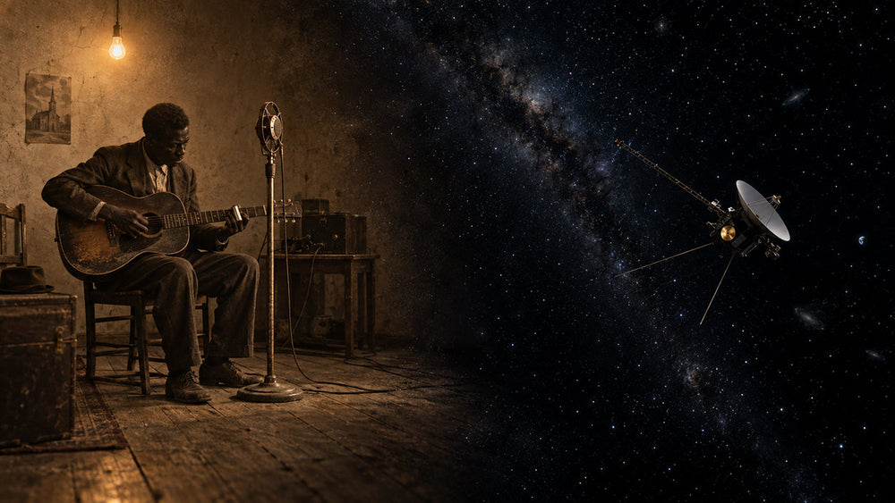 Blind African-American gospel blues guitarist recording alone in a makeshift 1927 Texas studio as the scene dissolves into the Voyager spacecraft crossing deep space