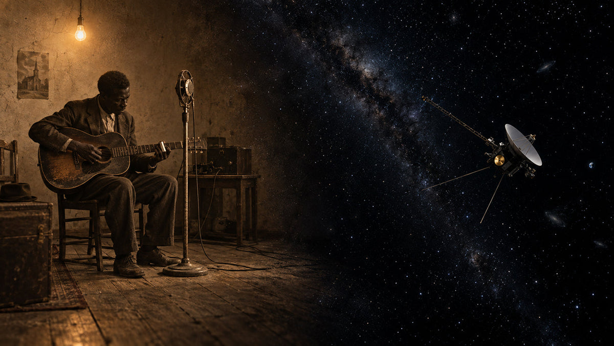 Blind African-American gospel blues guitarist recording alone in a makeshift 1927 Texas studio as the scene dissolves into the Voyager spacecraft crossing deep space