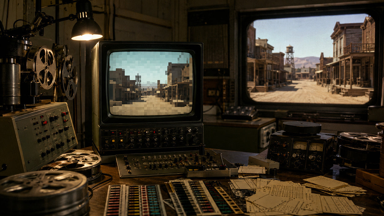 1970s film laboratory displaying a pixelated Western street on an early computer imaging monitor