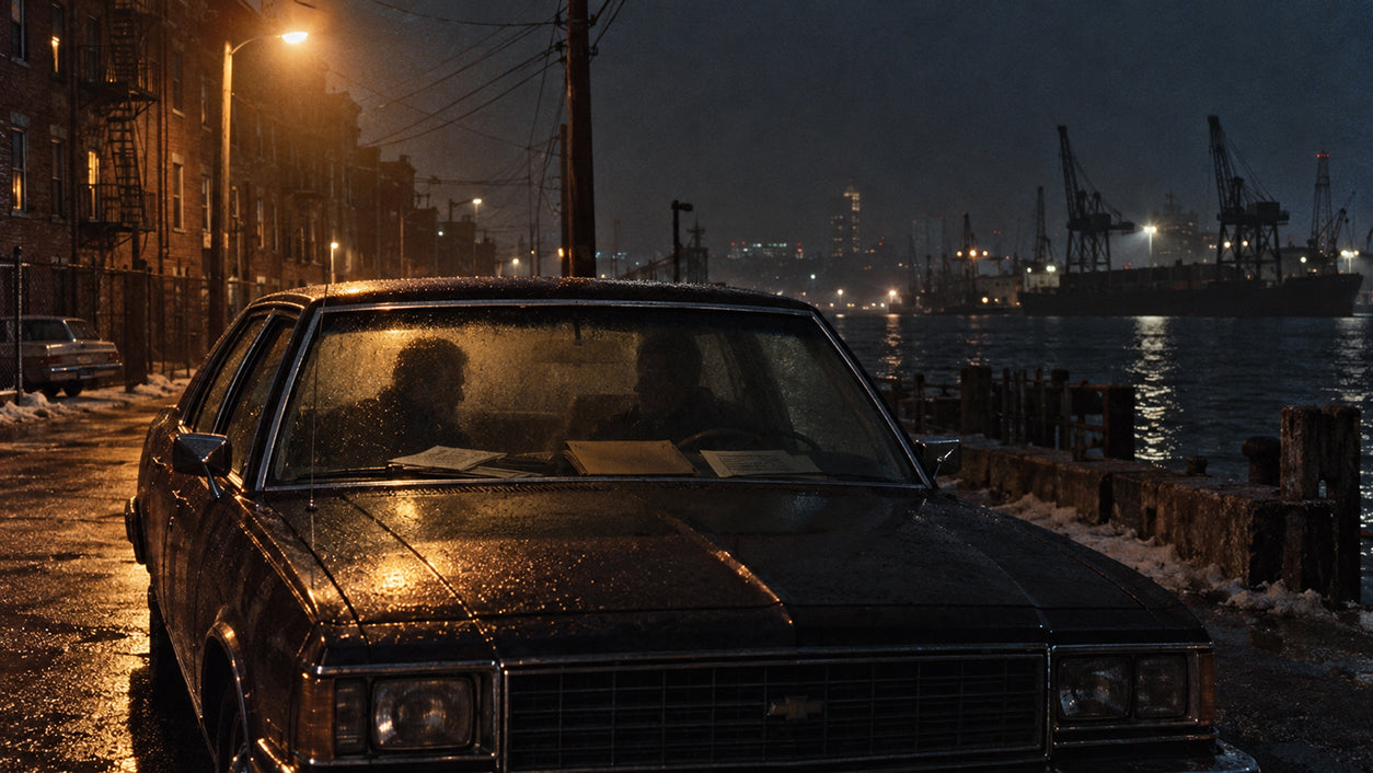 1970s South Boston street at night with an unmarked government sedan suggesting a clandestine meeting between organised crime and law enforcement