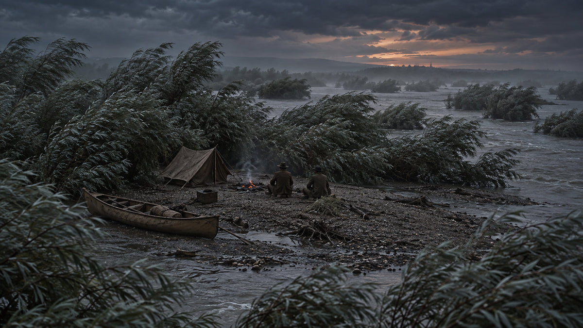 Two Edwardian canoeists camping among low willow-covered islands on a flooded and ominous River Danube at dusk