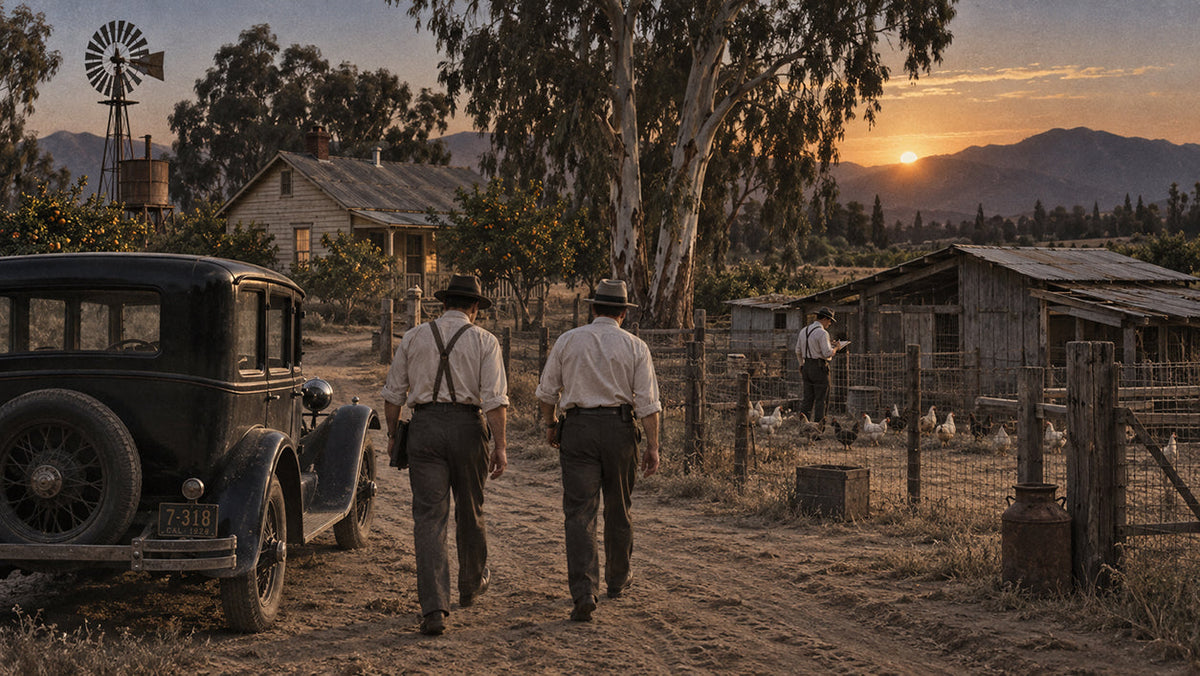 Late-1920s rural California chicken ranch at dusk with investigators approaching a modest farmhouse outside Wineville