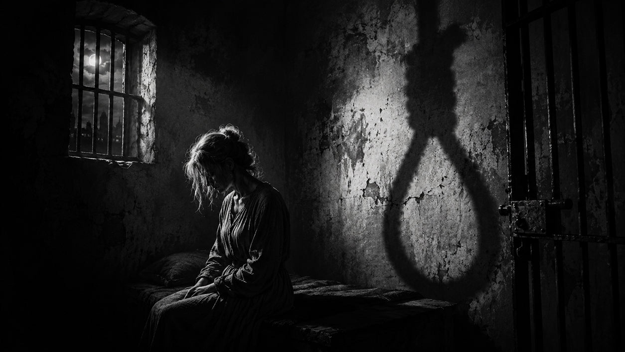 Diana Dors in a dramatic black-and-white portrait representing her death-row performance in Yield to the Night