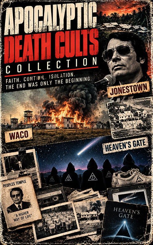 Apocalyptic Death Cults collection banner featuring archival-style imagery referencing Jim Jones and Jonestown, the 1993 Waco siege and Heaven's Gate, with distressed documentary typography.
