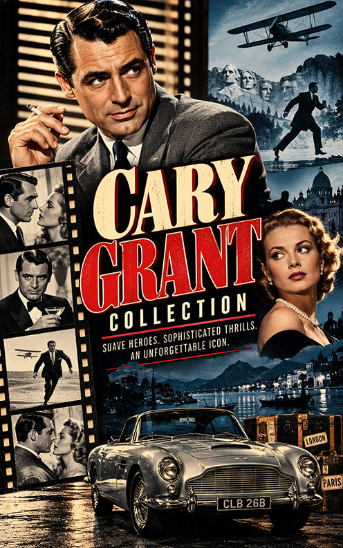Cary Grant T-shirts collection banner featuring a stylised portrait of the classic Hollywood actor, vintage movie imagery, film strips and Hitchcock-inspired suspense scenes.