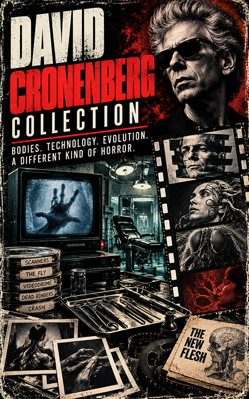 Vintage-style David Cronenberg collection banner featuring body horror imagery, analogue television, surgical instruments, film reels and references to Videodrome, Scanners, The Fly and Dead Ringers.