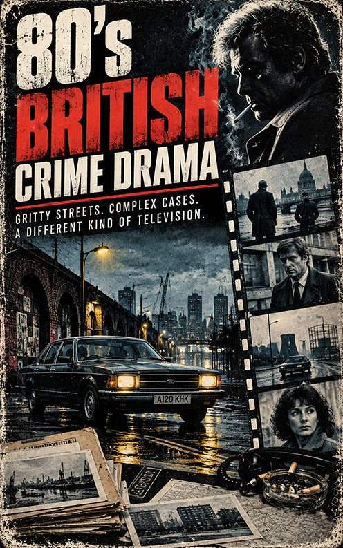 Vintage-style 1980s British crime drama promotional banner featuring a brooding detective, rain-soaked city streets, period police imagery and archival case files.