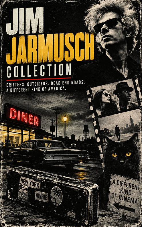 Vintage-style Jim Jarmusch Collection banner featuring the filmmaker, an American roadside diner, classic car, film imagery and independent cinema artwork.