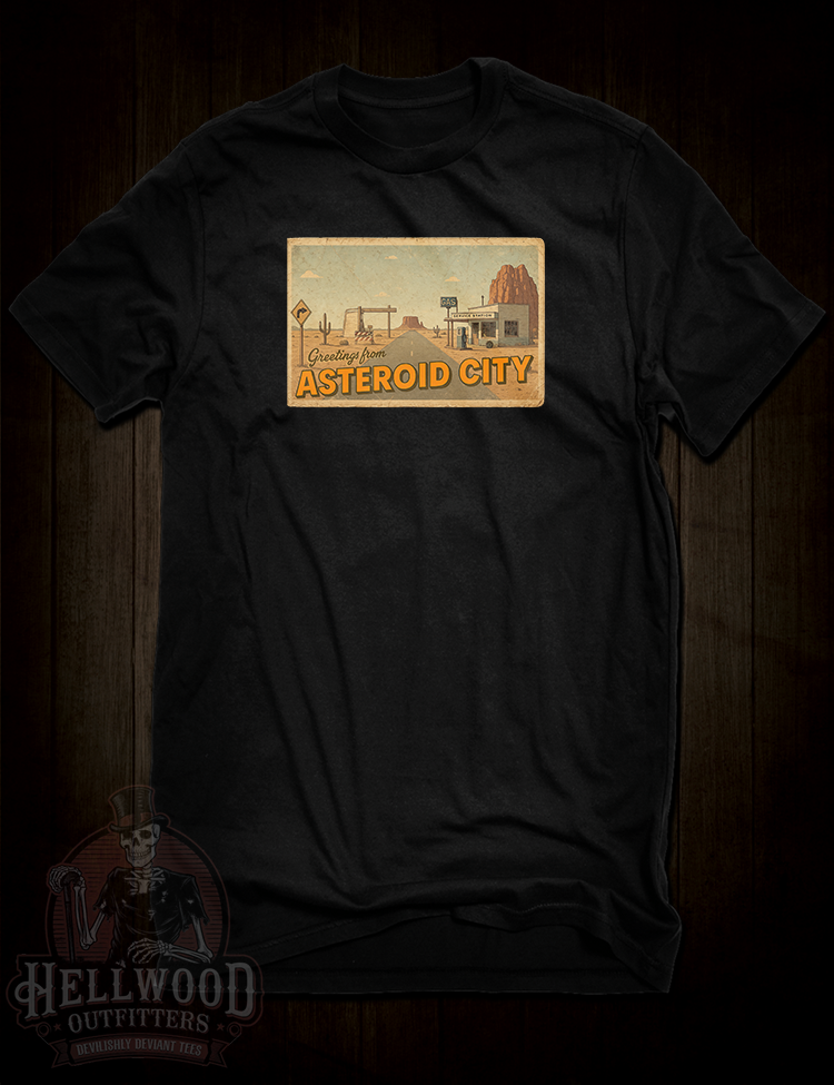 Greetings from Asteroid City postcard-style t-shirt