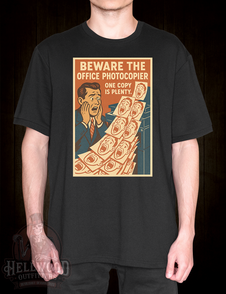Satirical photocopier warning poster on graphic tee