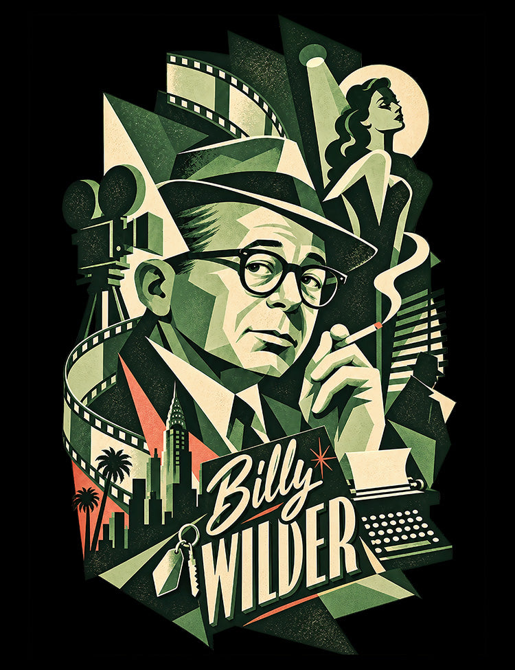 Vintage cinema graphic inspired by Billy Wilder and classic Hollywood filmmaking