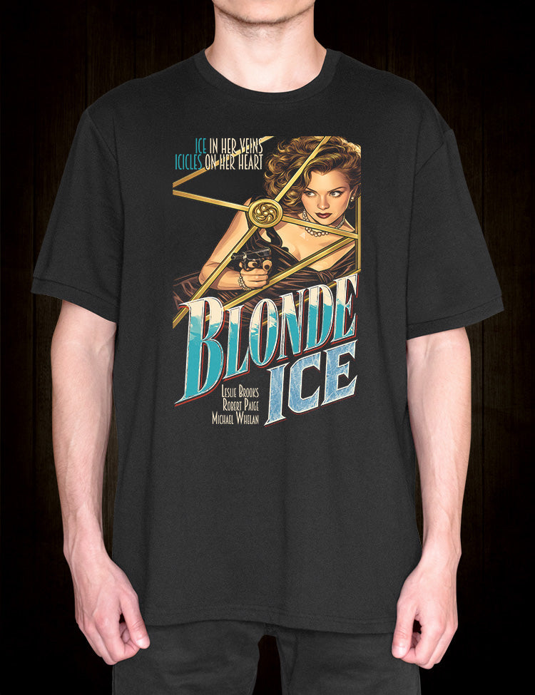 Blonde Ice film noir T-Shirt front graphic with frosted title text and femme fatale illustration.