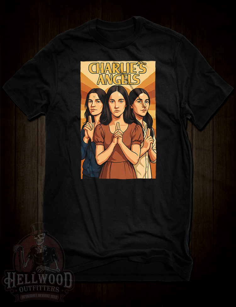 Charlie’s Angels t-shirt with Manson Family trio design