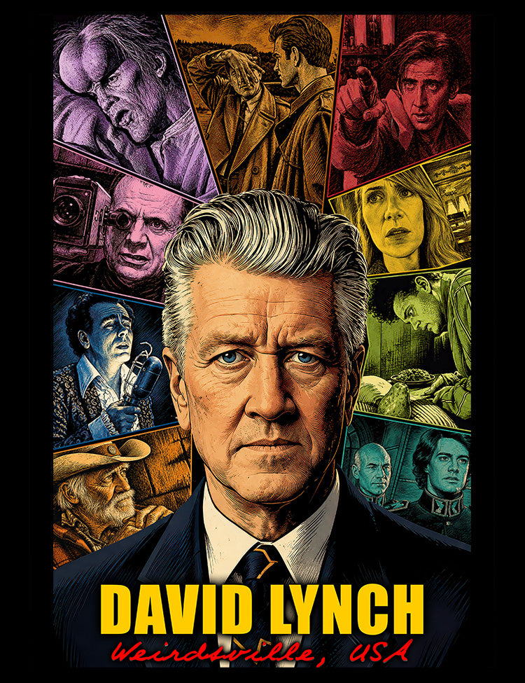Colour illustrated David Lynch director shirt celebrating surreal American cinema and Twin Peaks